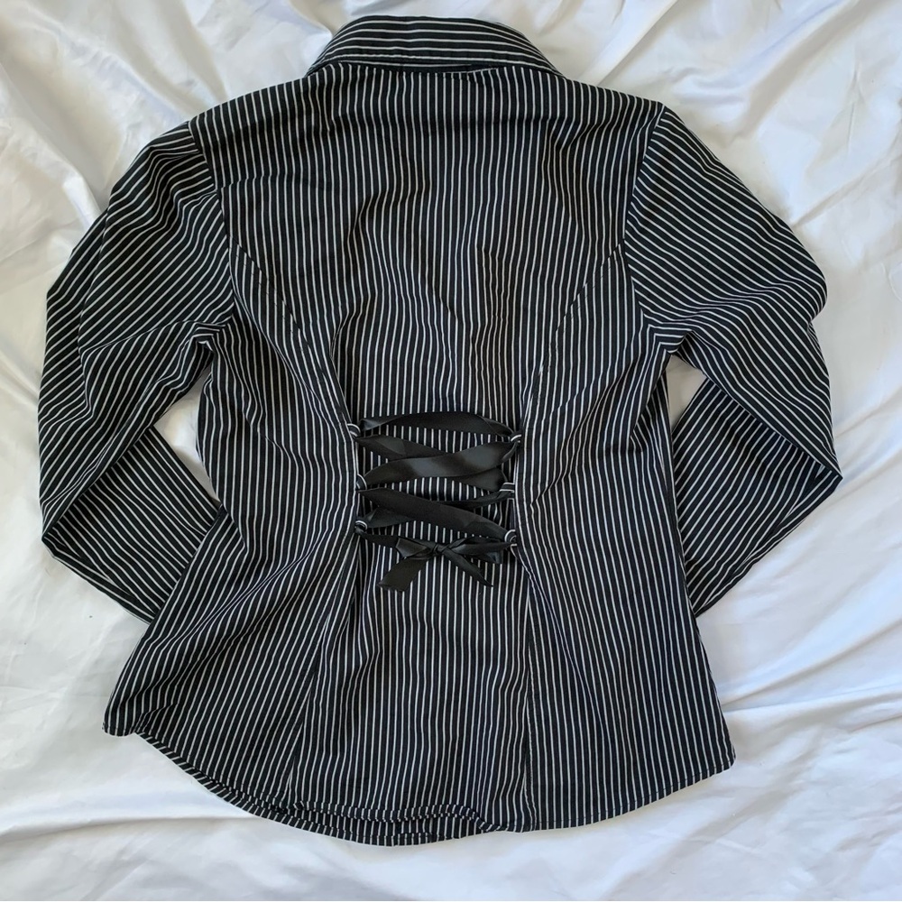 Miss Tina Button Down Shirt with Corset Back in Black and White Stripes